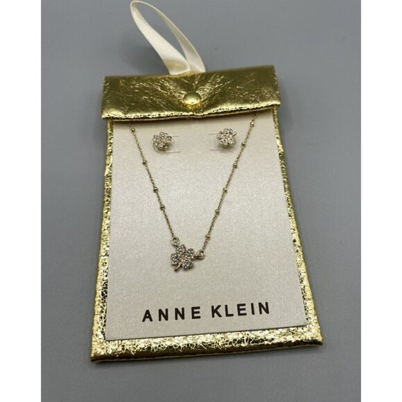 Anne Klein Gold-Tone Pave Accent Four-Leaf Clover Pendant Necklace & Earring Set - Picture 5 of 5